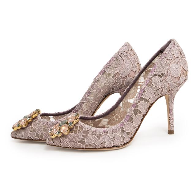 （未使用保管品）ドルチェアンドガッバーナ DOLCE&GABBANA レインボー ブローチ Bellucci パンプス 靴 22.5cm レース ゴートスキン パープル ゴールド金具 CD0066AL19887142 箱付