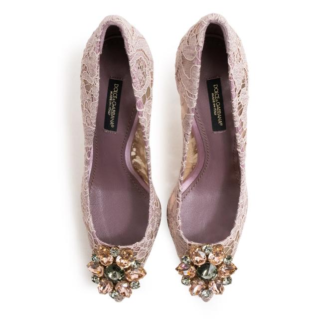 （未使用保管品）ドルチェアンドガッバーナ DOLCE&GABBANA レインボー ブローチ Bellucci パンプス 靴 22.5cm レース ゴートスキン パープル ゴールド金具 CD0066AL19887142 箱付