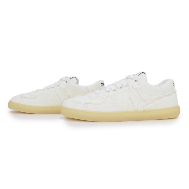 （新品・未使用品）ミュウミュウ miu miu ウォッシュド デニム ロゴ フリンジ スニーカー シューズ 靴 #37.5 24.5cm コットン ホワイト 5E325E 箱付