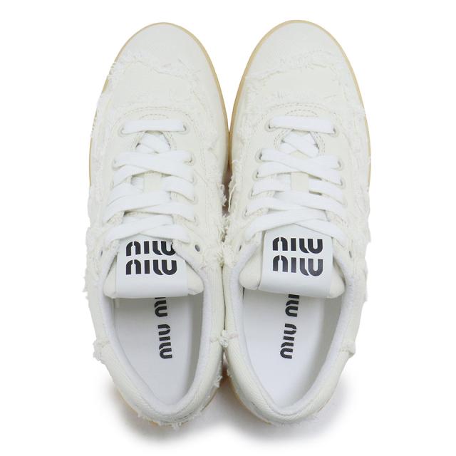 （新品・未使用品）ミュウミュウ miu miu ウォッシュド デニム ロゴ フリンジ スニーカー シューズ 靴 #37.5 24.5cm コットン ホワイト 5E325E 箱付