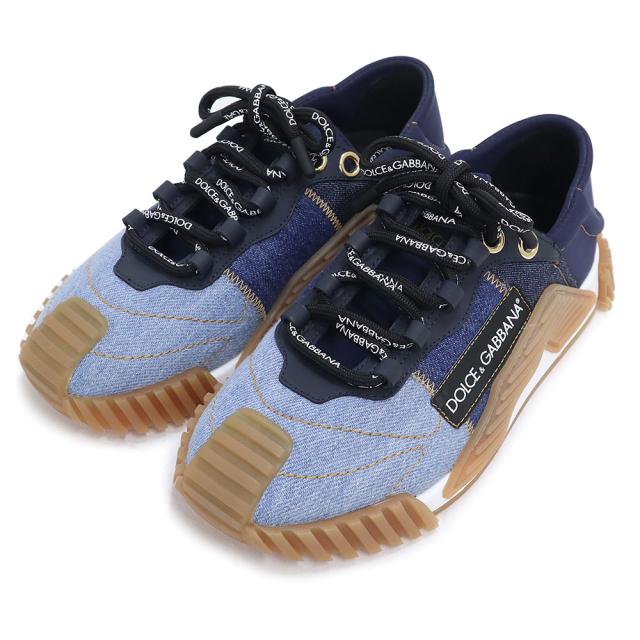 （未使用保管品）ドルチェアンドガッバーナ DOLCE&GABBANA NS1 スリッポンスニーカー デニム パッチワーク シューズ 靴 #35 22cm ナイロン レザー ブルー ネイビー ゴールド金具 CK1759