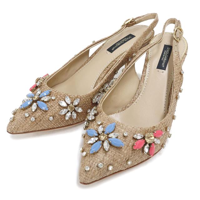 （美品）ドルチェアンドガッバーナ DOLCE&GABBANA ビジュー クリスタル フラワー パンプス 靴 #35 22cm ラフィア ベージュ ゴールド金具