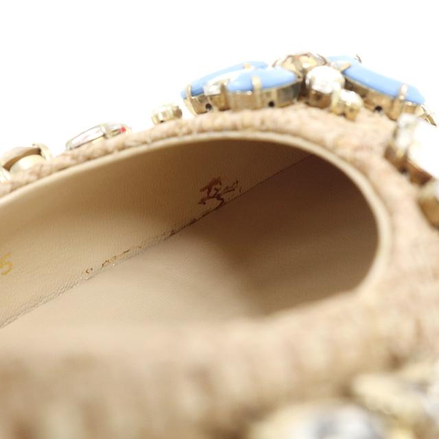 （美品）ドルチェアンドガッバーナ DOLCE&GABBANA ビジュー クリスタル フラワー パンプス 靴 #35 22cm ラフィア ベージュ ゴールド金具