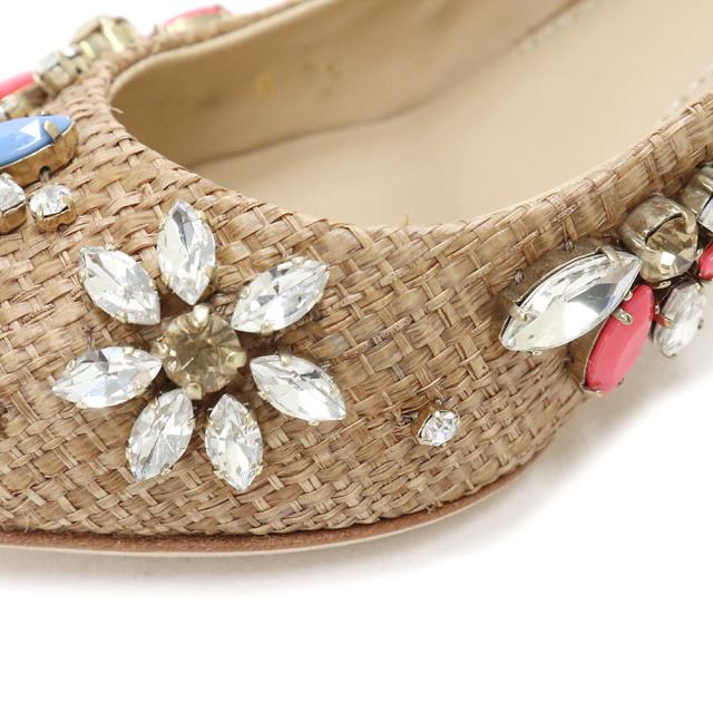 （美品）ドルチェアンドガッバーナ DOLCE&GABBANA ビジュー クリスタル フラワー パンプス 靴 #35 22cm ラフィア ベージュ ゴールド金具