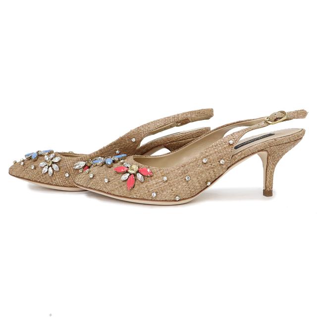 （美品）ドルチェアンドガッバーナ DOLCE&GABBANA ビジュー クリスタル フラワー パンプス 靴 #35 22cm ラフィア ベージュ ゴールド金具
