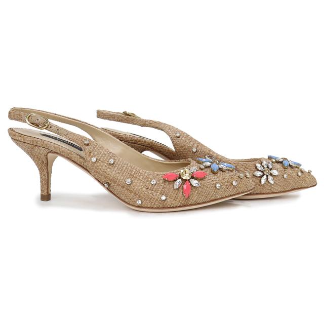 （美品）ドルチェアンドガッバーナ DOLCE&GABBANA ビジュー クリスタル フラワー パンプス 靴 #35 22cm ラフィア ベージュ ゴールド金具