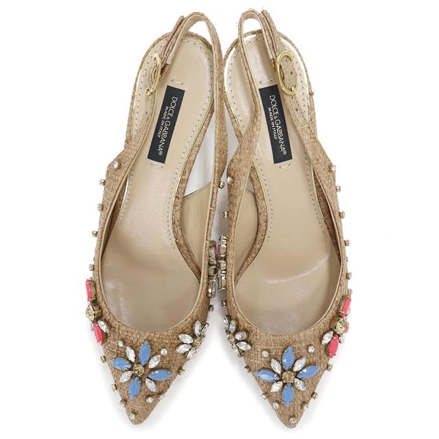 （美品）ドルチェアンドガッバーナ DOLCE&GABBANA ビジュー クリスタル フラワー パンプス 靴 #35 22cm ラフィア ベージュ ゴールド金具