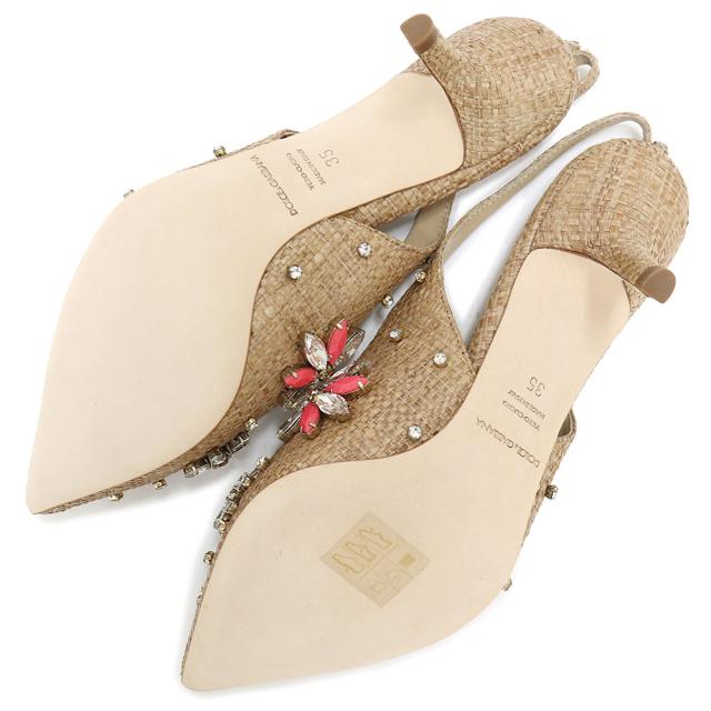 （美品）ドルチェアンドガッバーナ DOLCE&GABBANA ビジュー クリスタル フラワー パンプス 靴 #35 22cm ラフィア ベージュ ゴールド金具