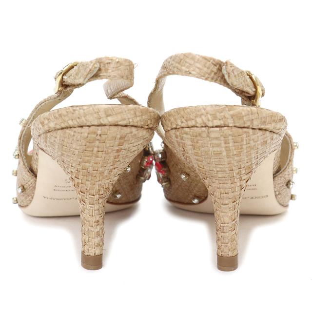 （美品）ドルチェアンドガッバーナ DOLCE&GABBANA ビジュー クリスタル フラワー パンプス 靴 #35 22cm ラフィア ベージュ ゴールド金具