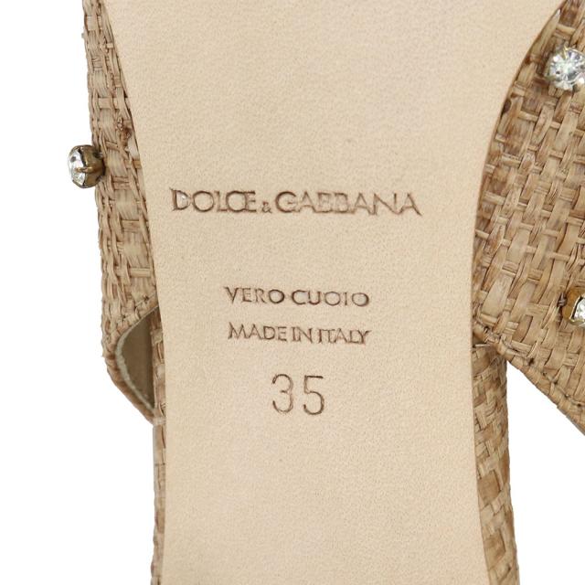 （美品）ドルチェアンドガッバーナ DOLCE&GABBANA ビジュー クリスタル フラワー パンプス 靴 #35 22cm ラフィア ベージュ ゴールド金具