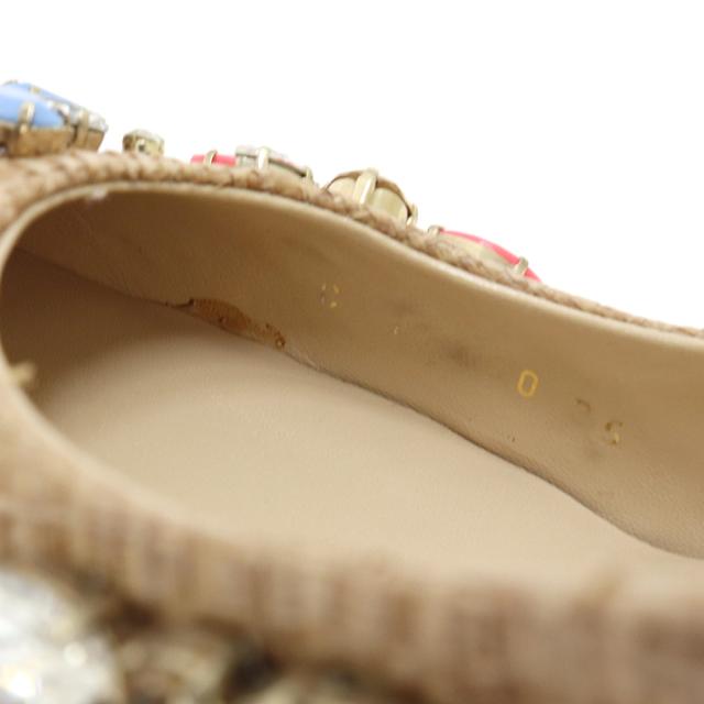 （美品）ドルチェアンドガッバーナ DOLCE&GABBANA ビジュー クリスタル フラワー パンプス 靴 #35 22cm ラフィア ベージュ ゴールド金具