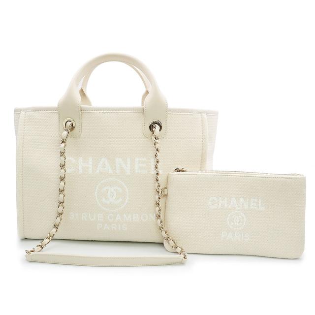 （未使用　展示品）シャネル CHANEL ドーヴィル スモール ショッピングバッグ 2way チェーン ショルダー ハンドバッグ レザー ミックスファイバー ホワイト ゴールド金具 AS3257
