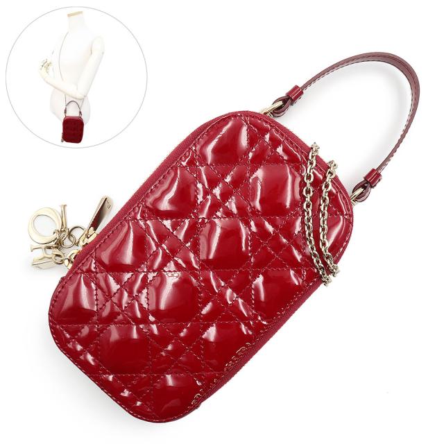 （未使用　展示品）クリスチャンディオール Christian Dior レディ ディオール Callin Dior コーリン フォンホルダー 携帯 スマホ スマートフォンケース チェーン ショルダーバッグ ポーチ カナージュ パテント レザー エナメル チェリーレッド ゴールド金具 S0872OVRB 箱付