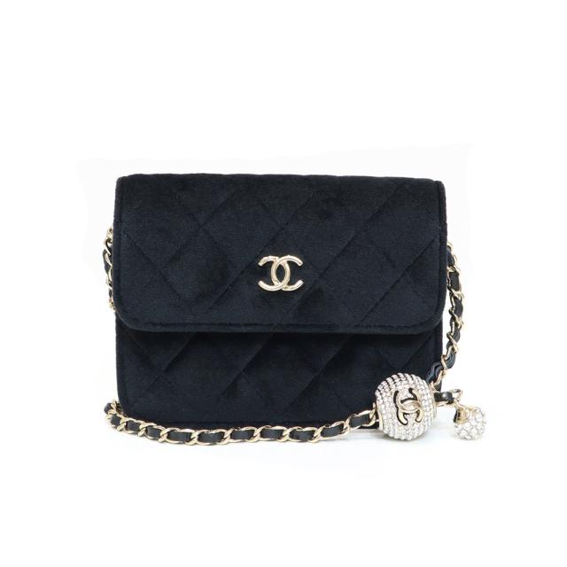 （新品・未使用品）シャネル CHANEL CC ココマーク マトラッセ ミニ チェーン ショルダー ポーチ ポシェット ベルトバッグ ウエストバッグ  ベルベット ストラス ブラック ライトゴールド金具 AP1628