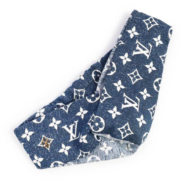 （美品）ルイ ヴィトン LOUIS VUITTON ヘッドバンド クロスヘアバンド ターバン モノグラムデニム コットン100% ライトブルー ホワイト ゴールド金具 M77470