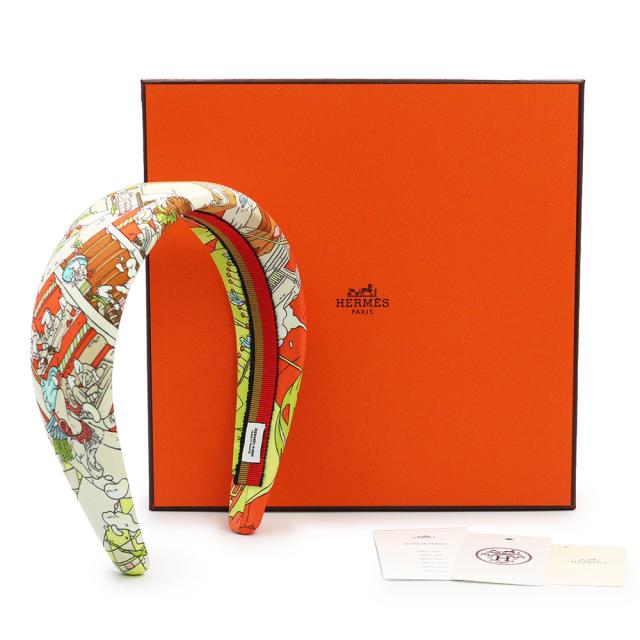 （新品・未使用品）エルメス HERMES ジナ 馬の伝説 La Legende Du Cheval カチューシャ ヘアバンド ヘアアクセサリー シルク100％ オレンジアクア 箱付_1
