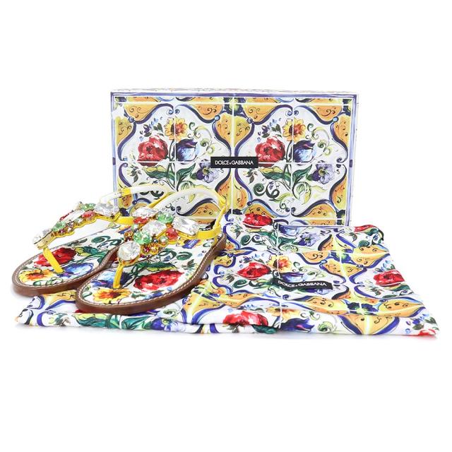 （未使用保管品）ドルチェアンドガッバーナ DOLCE&GABBANA フラットサンダル マヨリカ トング 靴 #35.5 22.5cm エナメル ラインストーン マルチカラー シルバー金具 CO0085