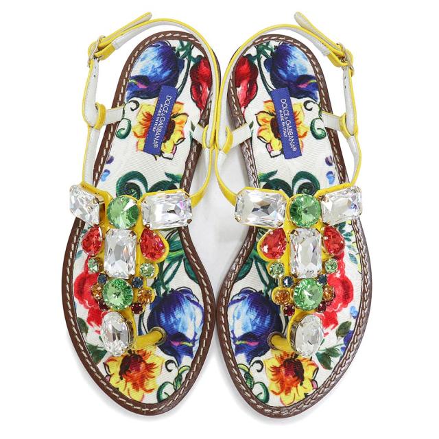 （未使用保管品）ドルチェアンドガッバーナ DOLCE&GABBANA フラットサンダル マヨリカ トング 靴 #35.5 22.5cm エナメル ラインストーン マルチカラー シルバー金具 CO0085