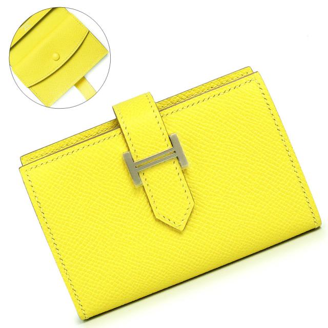 （新品・未使用品）エルメス HERMES ベアン ミニ コンパクト カードケース ケース パスケース 名刺入れ 定期入れ 小銭入れ ヴォーエプソン レザー ライム イエロー シルバー金具 B刻印 箱付