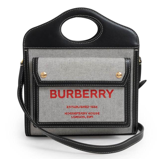 （未使用　展示品）バーバリー BURBERRY ミニ ツートン ポケットバッグ 2way ショルダー ハンドバッグ コットンキャンバス カーフスキン レザー ブラック グレー ゴールド金具 8036814