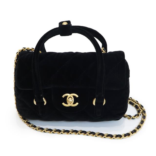 （未使用　展示品）シャネル CHANEL クロスボディバッグ ココマーク マトラッセ 2way チェーン ショルダー ハンドバッグ 斜め掛け ベルベット レザー ブラック ゴールド金具