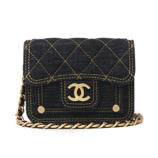 （未使用　展示品）シャネル CHANEL マトラッセ ココマーク チェーン ミニ ショルダーバッグ 斜め掛け ラメ デニム ネイビーブルー アンティークゴールド金具 AP3349