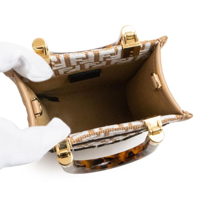 （未使用　展示品）フェンディ FENDI サンシャイン ショッパー ミニ 2Way ショルダー ハンドバッグ 斜め掛け コットン ラフィア レザー ベージュ ホワイト ブラウン ゴールド金具 8BS051 未使用 展示品）フェンディ FENDI サンシャイン ショッパー ミニ 2Way