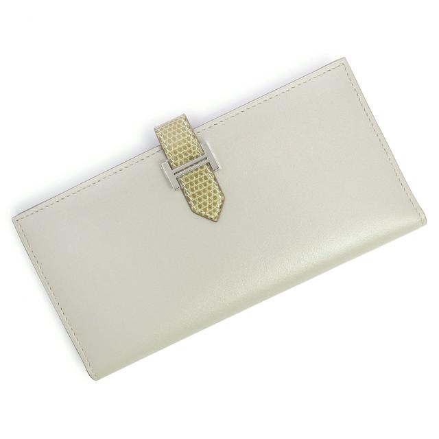 （未使用　展示品）エルメス HERMES ベアン スフレ タッチ 二つ折り財布 ヴォータデラクト リザード エキゾチックレザー グリペルル パールグレー フィセル シルバー金具 X刻印 箱付