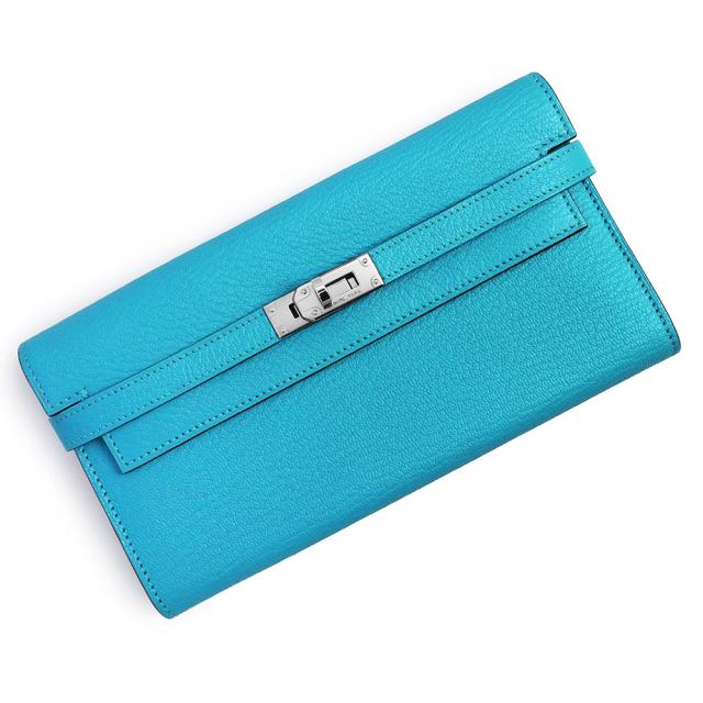 （未使用保管品）エルメス HERMES ケリーウォレット ロング 二つ折り長財布 シェブル シェーブルミゾール レザー ブルーアズテック シルバー金具 □R刻印