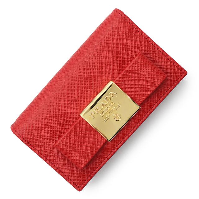 （未使用　展示品）プラダ PRADA リボン カードケース 名刺入れ 定期入れ パスケース サフィアノ サフィアーノ フィオッコ カーフレザー ロッソ レッド ゴールド金具 1MC122 箱付