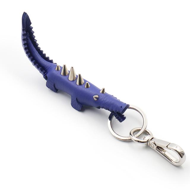 （中古）フェンディ FENDI クロコダイル ワニ スタッズ バッグチャーム キーリング キーホルダー カーフスキン レザー ブルー シルバー金具 7AR385_1