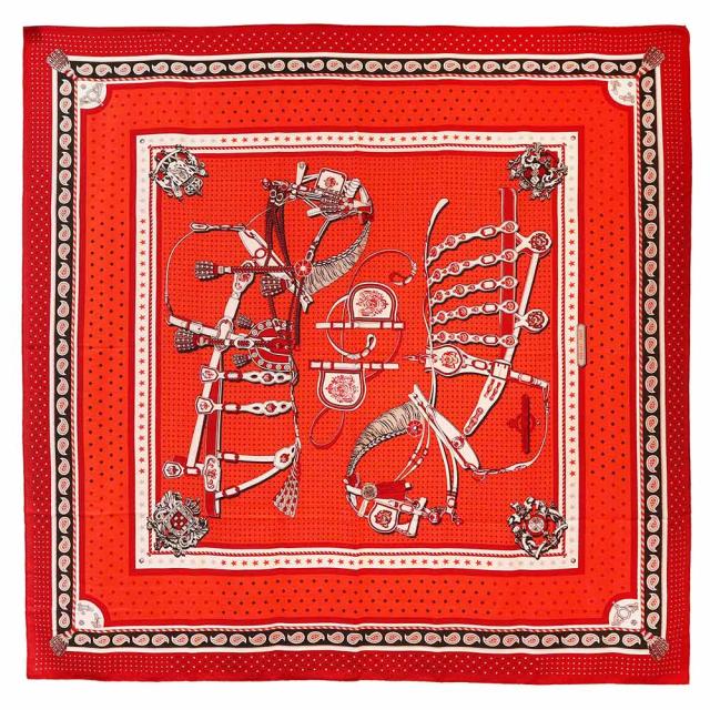（新品・未使用品）エルメス HERMES カレジェアン 140 Harnais de Cour Bandana 宮廷の馬具 大判 ショール ストール カシミヤ70% シルク30％ ルージュ ヴァーミリオン レッド オレンジ 箱付