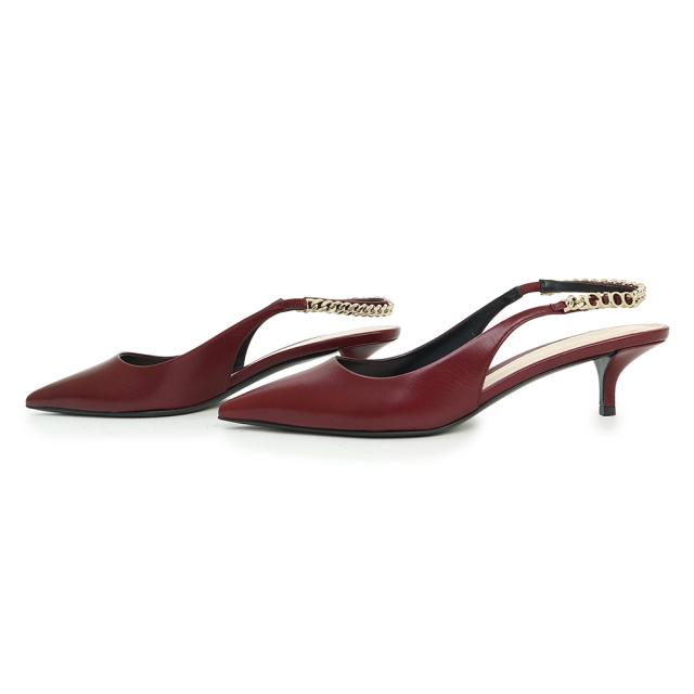 （未使用保管品）グッチ GUCCI シニョリーア スリングバック チェーンロゴ パンプス ミュール サンダル シューズ 靴 #38.5 25.5cm レザー ロッソ アンコーラ ボルドー ゴールド金具 782832 箱付