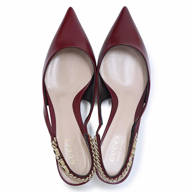 （未使用保管品）グッチ GUCCI シニョリーア スリングバック チェーンロゴ パンプス ミュール サンダル シューズ 靴 #38.5 25.5cm レザー ロッソ アンコーラ ボルドー ゴールド金具 782832 箱付