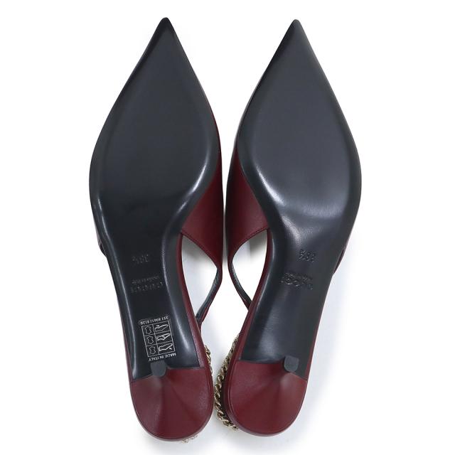 （未使用保管品）グッチ GUCCI シニョリーア スリングバック チェーンロゴ パンプス ミュール サンダル シューズ 靴 #38.5 25.5cm レザー ロッソ アンコーラ ボルドー ゴールド金具 782832 箱付