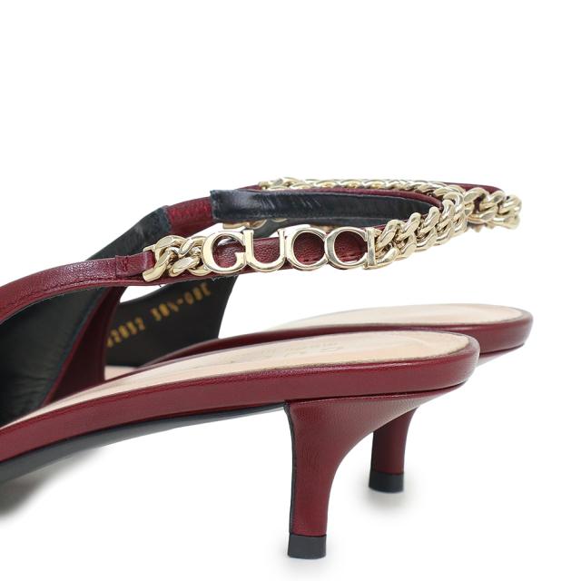（未使用保管品）グッチ GUCCI シニョリーア スリングバック チェーンロゴ パンプス ミュール サンダル シューズ 靴 #38.5 25.5cm レザー ロッソ アンコーラ ボルドー ゴールド金具 782832 箱付