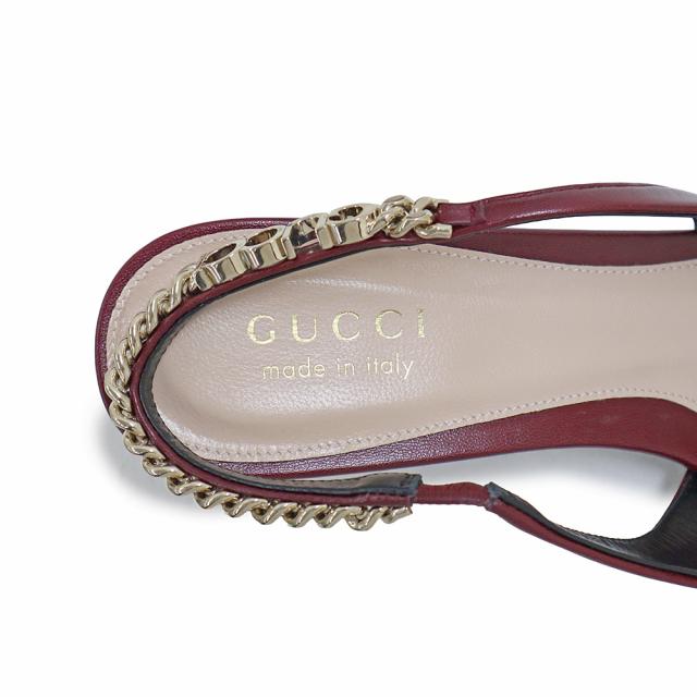 （未使用保管品）グッチ GUCCI シニョリーア スリングバック チェーンロゴ パンプス ミュール サンダル シューズ 靴 #38.5 25.5cm レザー ロッソ アンコーラ ボルドー ゴールド金具 782832 箱付