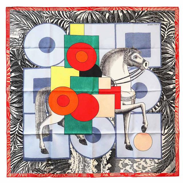 （新品・未使用品）エルメス HERMES カレ 90 カヴァリエ アン フォルム Cavalier en Formes スカーフ シルク100％ ブルーシエル ルージュ マルチカラー レッド 箱付