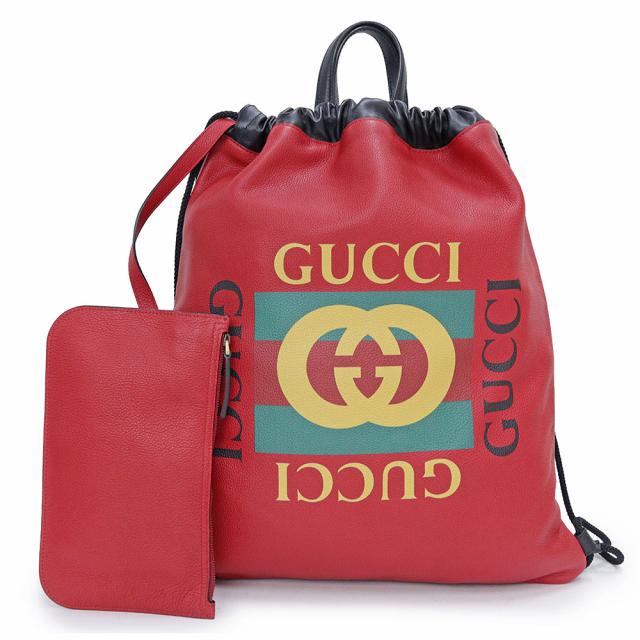 （未使用　展示品）グッチ GUCCI シェリーライン ロゴプリント ドローストリング バックパック リュック デイパック カーフスキン レザー ハイビスカスレッド ブラック アンティークゴールド金具 516639