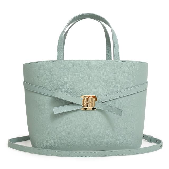 （未使用　展示品）サルヴァトーレフェラガモ Salvatore Ferragamo ニューヴァラ プレート トート 2Way ショルダー 斜め掛け ハンドバッグ カーフスキン レザー Lucky Charme ミントグリーン ゴールド金具 218348