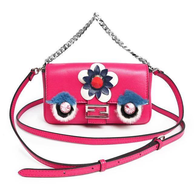 （未使用　展示品）フェンディ FENDI モンスター マイクロ バケット 2WAY チェーン ショルダー ハンドバッグ ポシェット 斜め掛け ラムスキン レザー フューシャ ピンク マルチカラー シルバー金具 8M0354