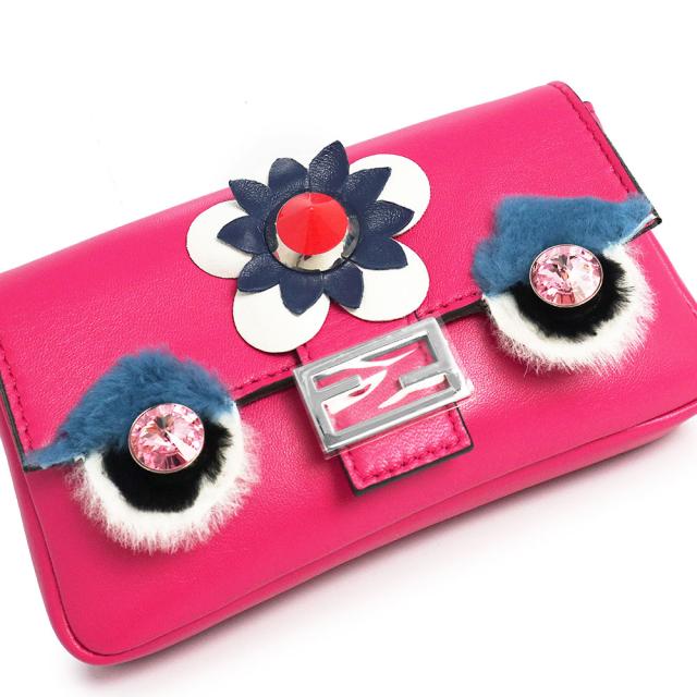 （未使用　展示品）フェンディ FENDI モンスター マイクロ バケット 2WAY チェーン ショルダー ハンドバッグ ポシェット 斜め掛け ラムスキン レザー フューシャ ピンク マルチカラー シルバー金具 8M0354 未使用 展示品）フェンディ FENDI モンスター マイクロ バケット 2WAY