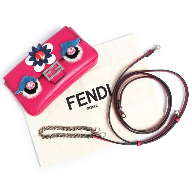 （未使用　展示品）フェンディ FENDI モンスター マイクロ バケット 2WAY チェーン ショルダー ハンドバッグ ポシェット 斜め掛け ラムスキン レザー フューシャ ピンク マルチカラー シルバー金具 8M0354
