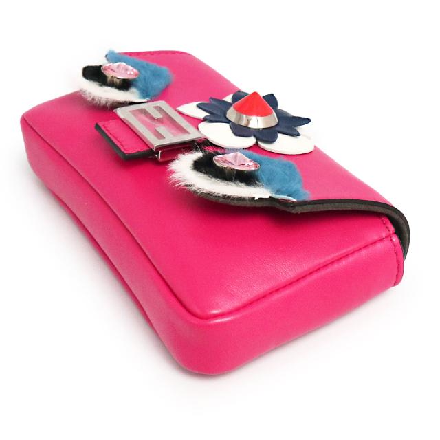 （未使用　展示品）フェンディ FENDI モンスター マイクロ バケット 2WAY チェーン ショルダー ハンドバッグ ポシェット 斜め掛け ラムスキン レザー フューシャ ピンク マルチカラー シルバー金具 8M0354