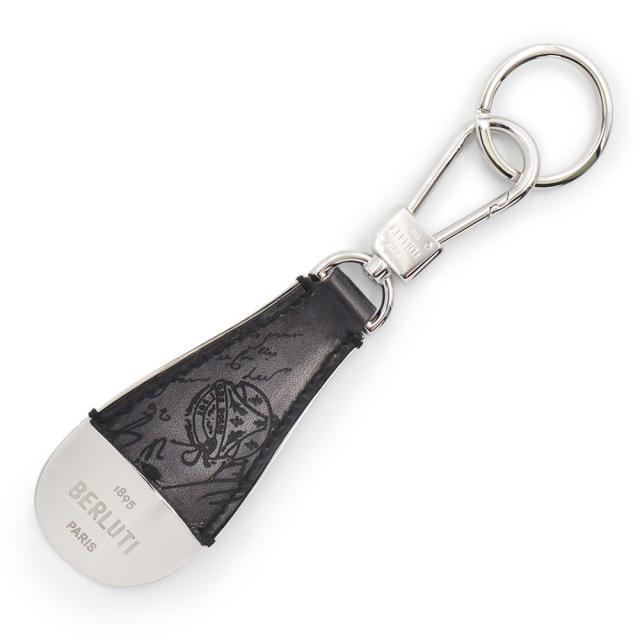 （未使用　展示品）ベルルッティ Berluti カリグラフィ フルスクリット シューホーン 靴べら キーリング キーホルダー バッグチャーム ヴェネチアカーフレザー ライトアルミニオ グレー シルバー金具 KR057-V2