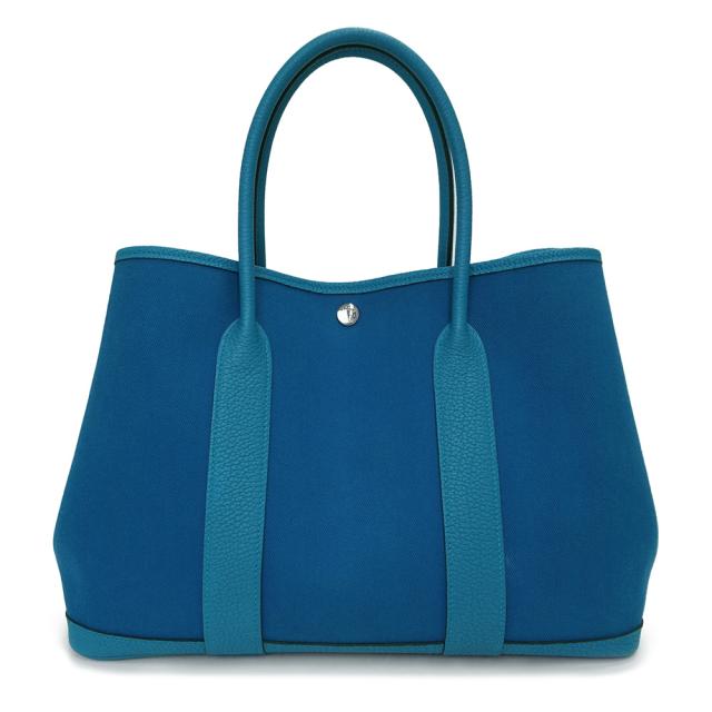 （中古）エルメス HERMES ガーデンパーティ 36 PM ハンドバッグ トワルシェブロン キャンバス ネゴンダ レザー ブルーイズミール ブルー シルバー金具 Y刻印