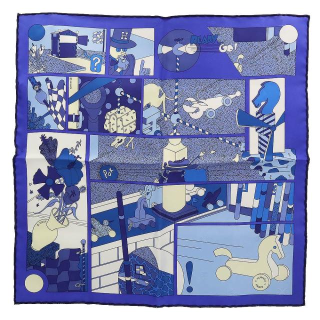 （新品・未使用品）エルメス HERMES ガヴロッシュ カレ 45 Ready Go ! レディー ゴー ! スカーフ シルク100％ ブルーインディゴ ブラン コバルト 箱付