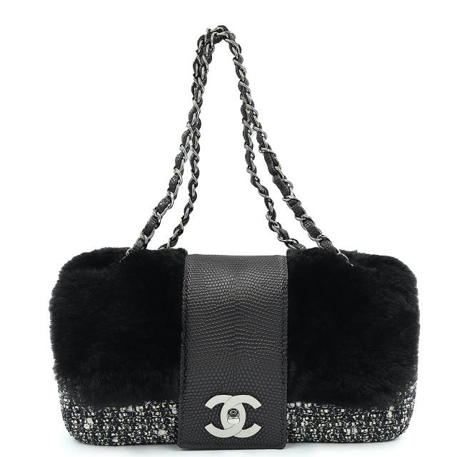 （美品）シャネル CHANEL ココマーク チェーン 2way フラップ ショルダー ハンドバッグ ツイード ファー リザード エキゾチックレザー ブラック シルバー金具