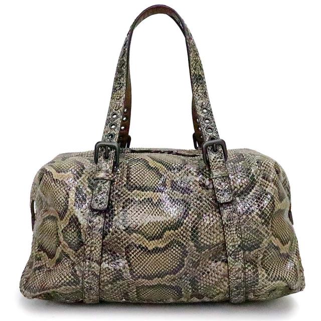 （中古）ボッテガヴェネタ BOTTEGA VENETA ミニ ボストン ハンドバッグ パイソン エキゾチックレザー ベージュ ガンメタル金具 277860