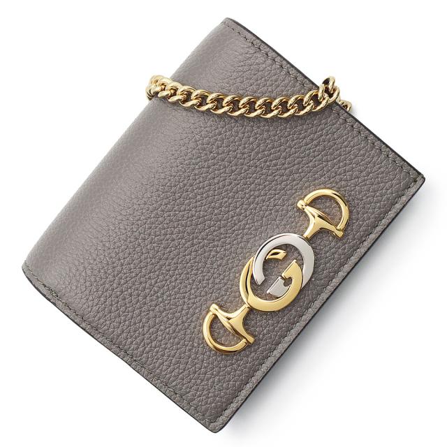 （未使用　展示品）グッチ GUCCI ズゥミ チェーンウォレット コンパクト 二つ折り財布 カードケース グレインレザー ダスティグレー ゴールド シルバー金具 570660